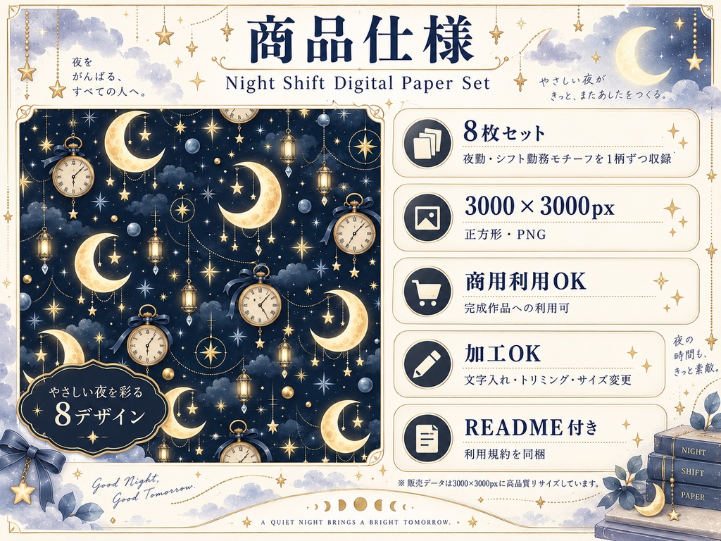 夜勤・シフト勤務向け デジタルペーパー 8枚セット|月・時計・休憩・文具柄|3000×3000px PNG