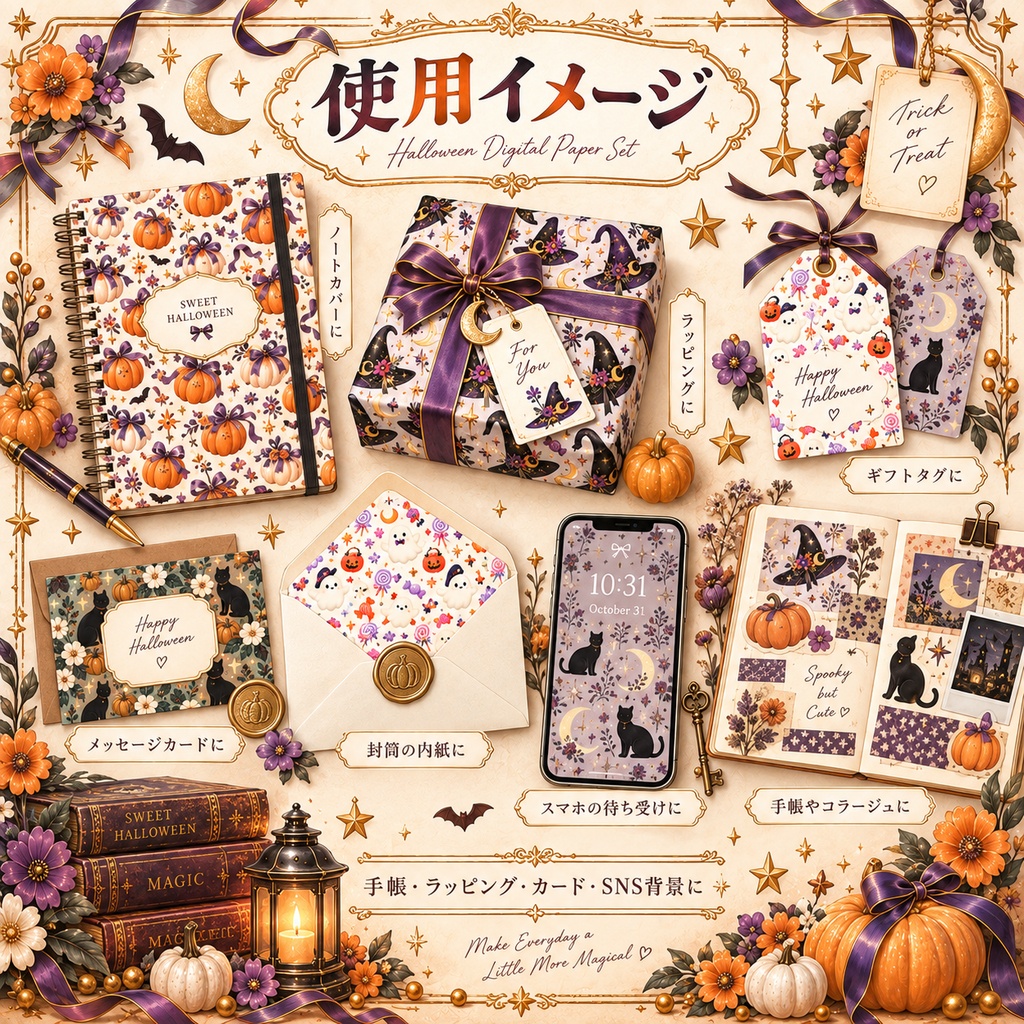 大人かわいいハロウィン デジタルペーパー 8枚セット|かぼちゃ・黒猫・魔女・おばけ柄|3000×3000px PNG
