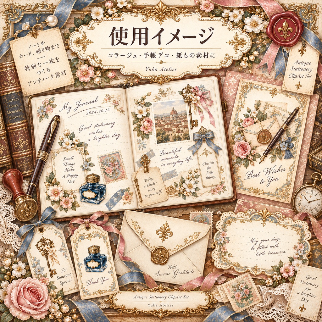 アンティーク文房具クリップアート 20点セット|背景透過PNG・万年筆・封蝋・古書・鍵素材|3000×3000px