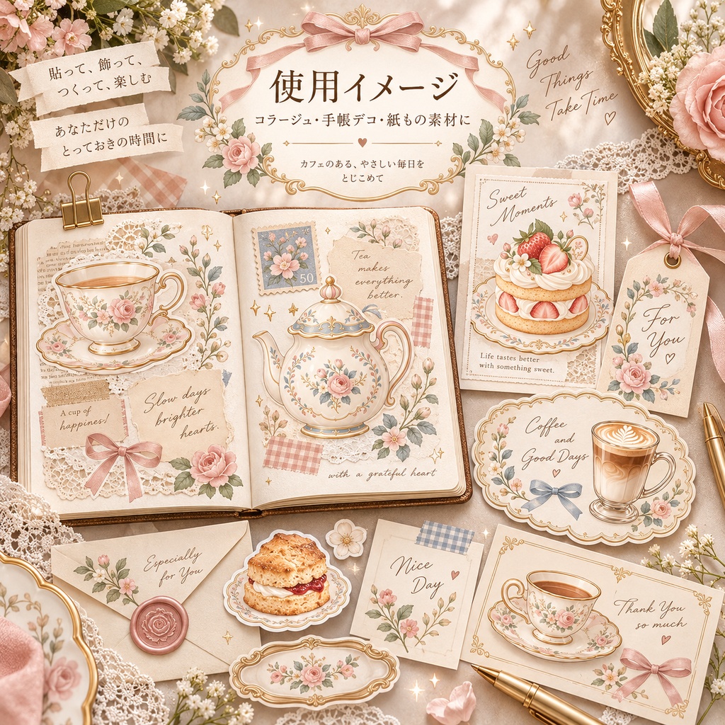 カフェ&ティータイム クリップアート20点セット|背景透過PNG・紅茶・コーヒー・スイーツ素材|3000×3000px
