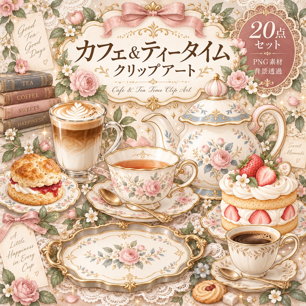 カフェ&ティータイム クリップアート20点セット|背景透過PNG・紅茶・コーヒー・スイーツ素材|3000×3000px