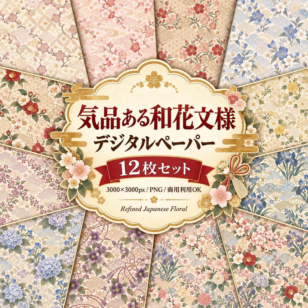 気品ある和花文様 デジタルペーパー 12枚セット｜梅・桜・撫子・桔梗・椿・菊・紫陽花ほか｜3000×3000px PNG