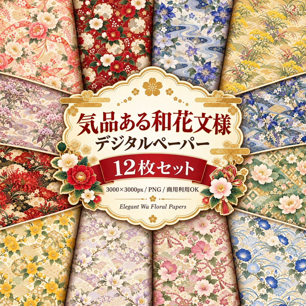 気品ある和花文様 デジタルペーパー 12枚セット 第2弾｜芍薬・山茶花・鉄線・藤袴・彼岸花・蓮・朝顔ほか｜3000×3000px PNG
