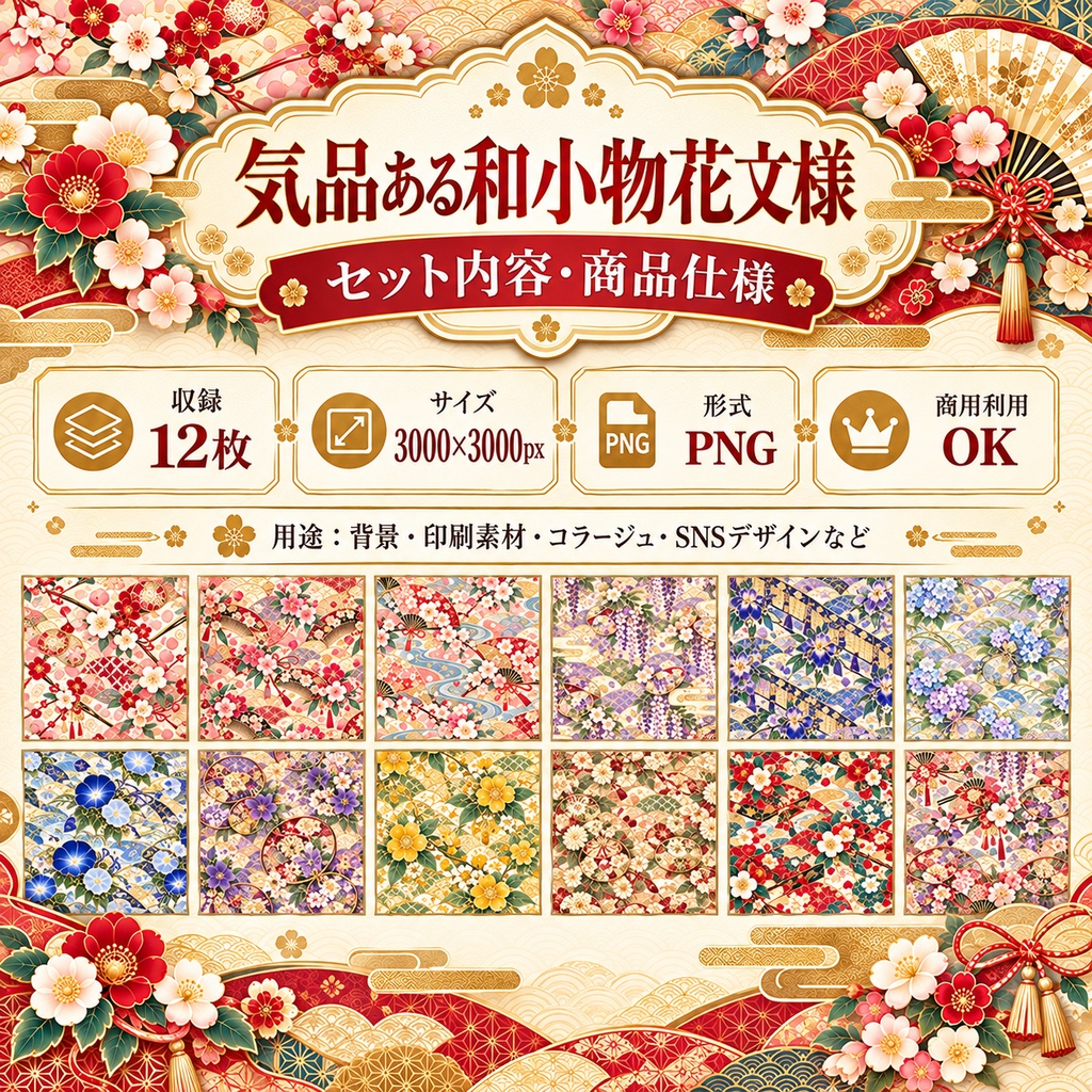 気品ある和小物花文様 デジタルペーパー 12枚セット|簪・櫛・扇・貝合わせ・御簾・香袋・手鏡・文箱ほか|3000×3000px PNG