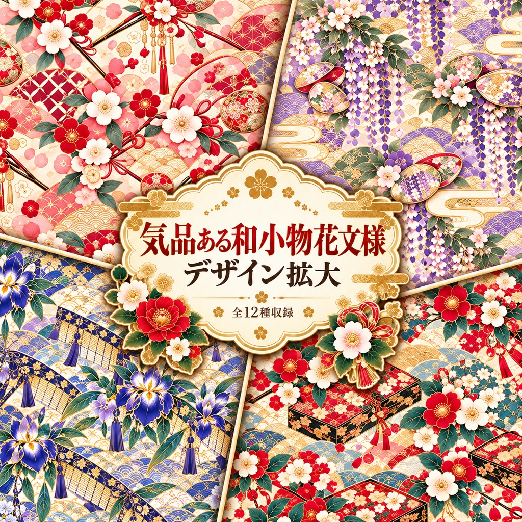 気品ある和小物花文様 デジタルペーパー 12枚セット|簪・櫛・扇・貝合わせ・御簾・香袋・手鏡・文箱ほか|3000×3000px PNG