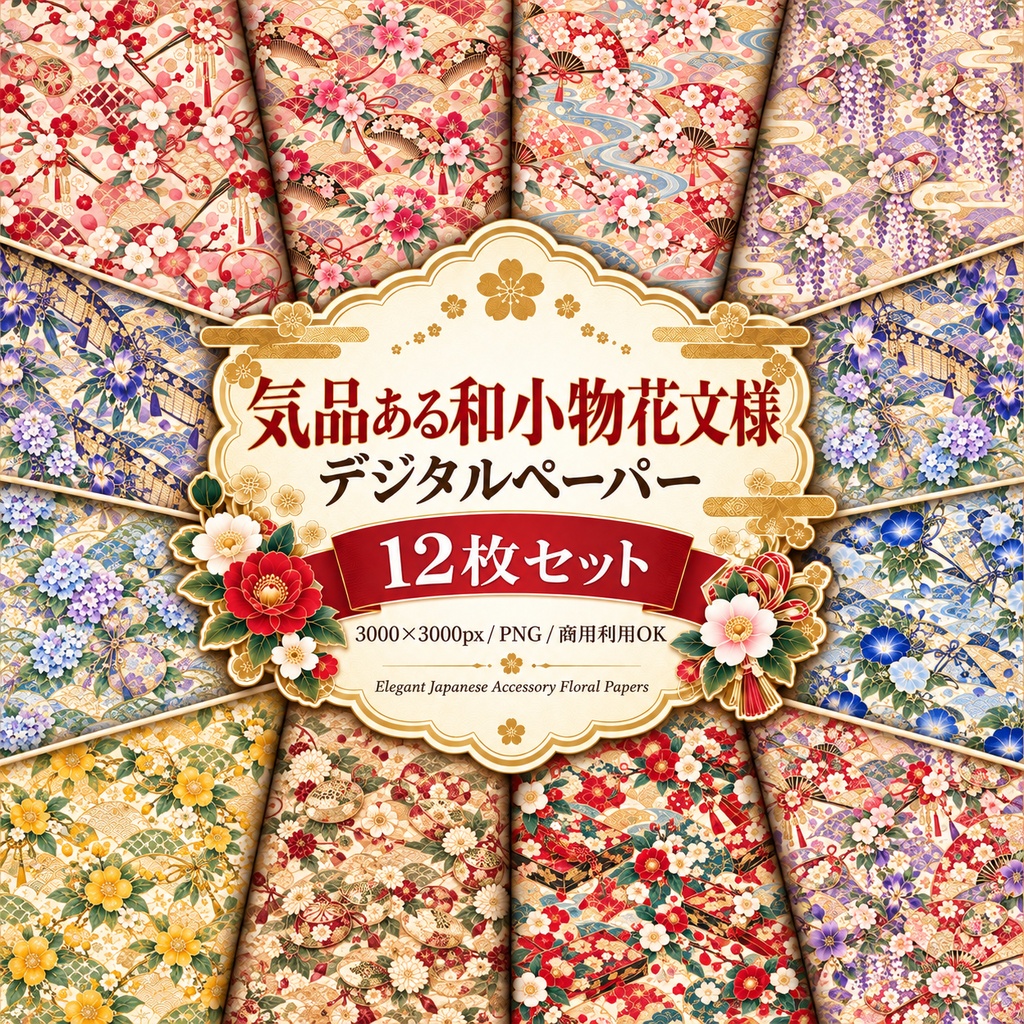 気品ある和小物花文様 デジタルペーパー 12枚セット|簪・櫛・扇・貝合わせ・御簾・香袋・手鏡・文箱ほか|3000×3000px PNG