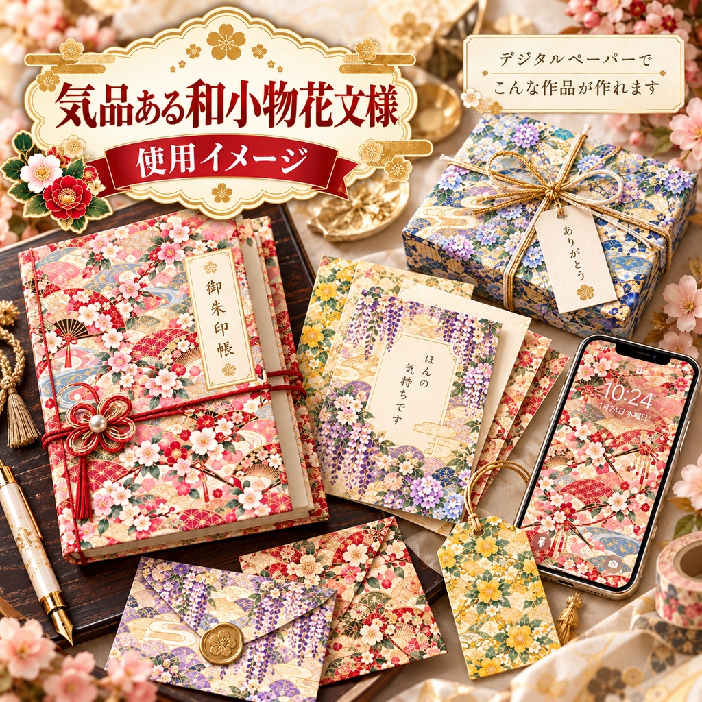 気品ある和小物花文様 デジタルペーパー 12枚セット|簪・櫛・扇・貝合わせ・御簾・香袋・手鏡・文箱ほか|3000×3000px PNG