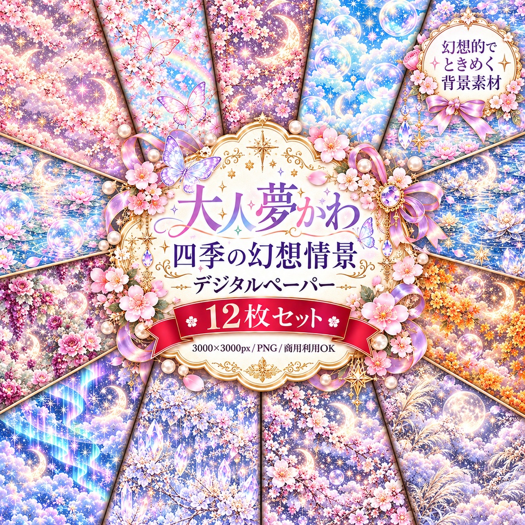 大人夢かわ・四季の幻想情景 デジタルペーパー 12枚セット｜月・星・桜・オーロラ・クリスタル｜3000×3000px PNG
