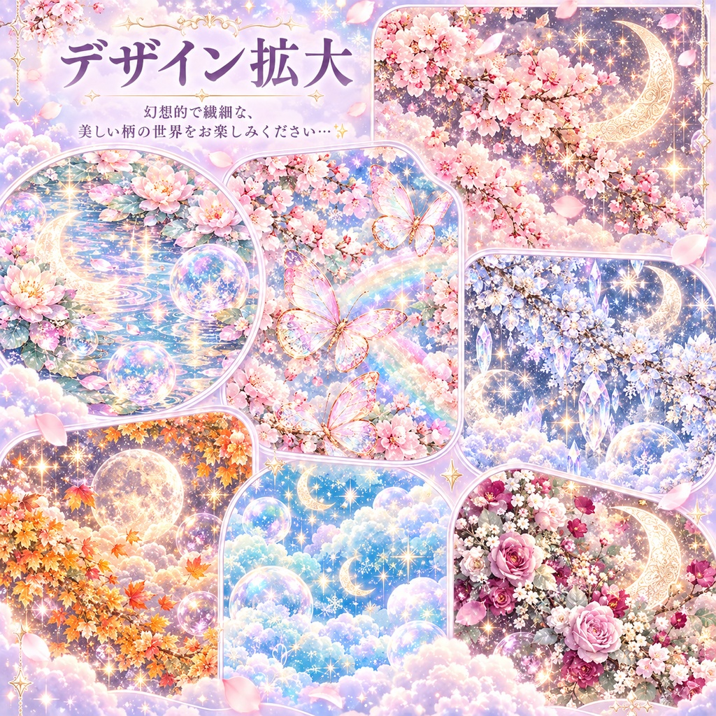 大人夢かわ・四季の幻想情景 デジタルペーパー 12枚セット|月・星・桜・オーロラ・クリスタル|3000×3000px PNG