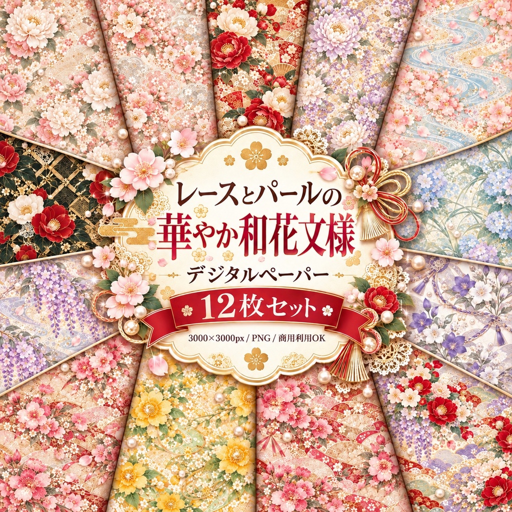 レースとパールの華やか和花文様 デジタルペーパー 12枚セット｜牡丹・梅・椿・桜・藤・紫陽花ほか｜3000×3000px PNG