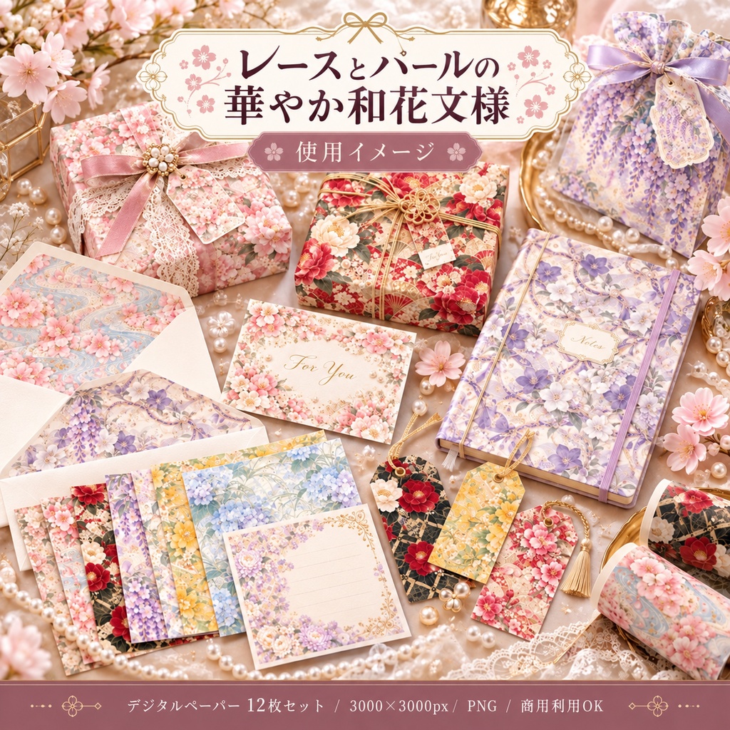 レースとパールの華やか和花文様 デジタルペーパー 12枚セット|牡丹・梅・椿・桜・藤・紫陽花ほか|3000×3000px PNG