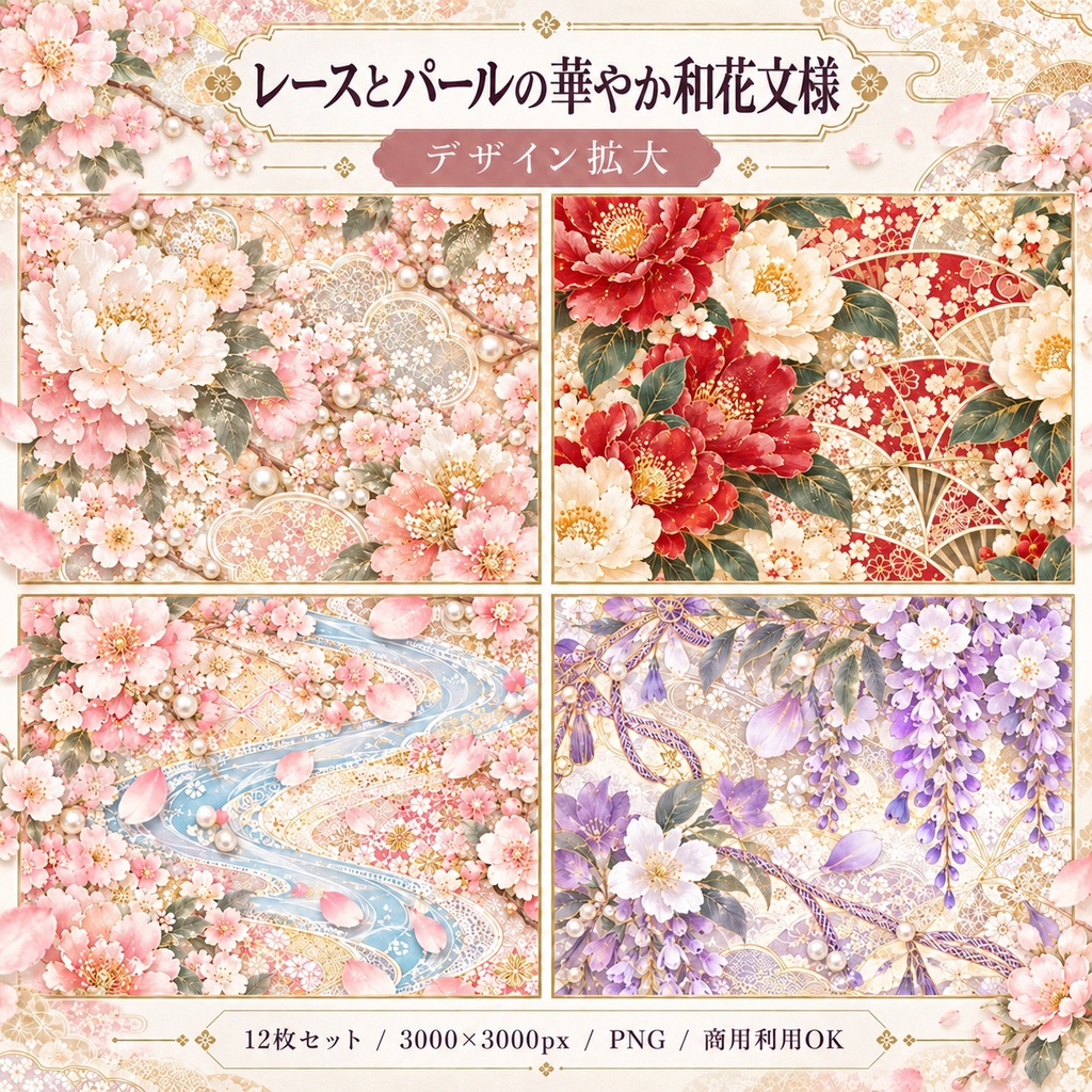レースとパールの華やか和花文様 デジタルペーパー 12枚セット|牡丹・梅・椿・桜・藤・紫陽花ほか|3000×3000px PNG