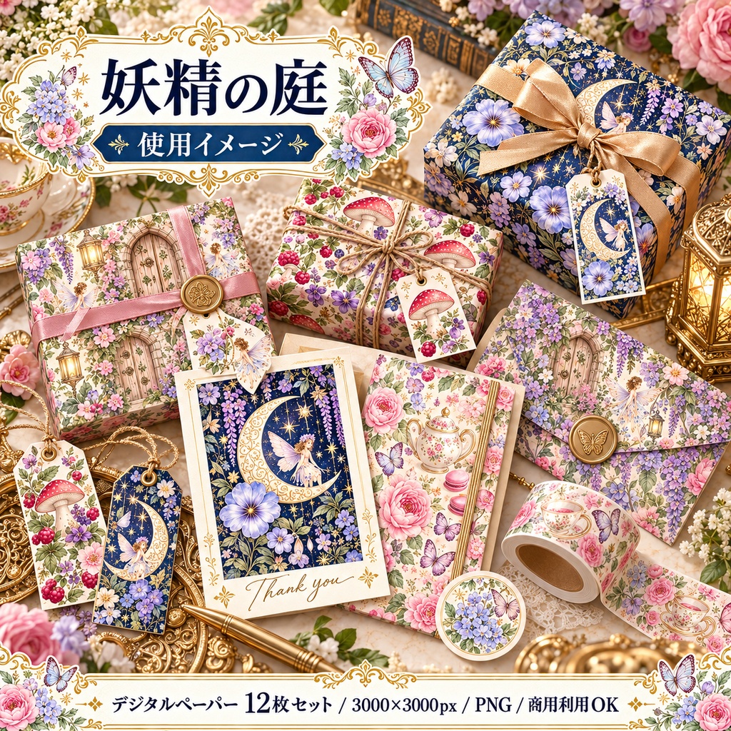 妖精の庭|幻想フラワー デジタルペーパー12枚セット