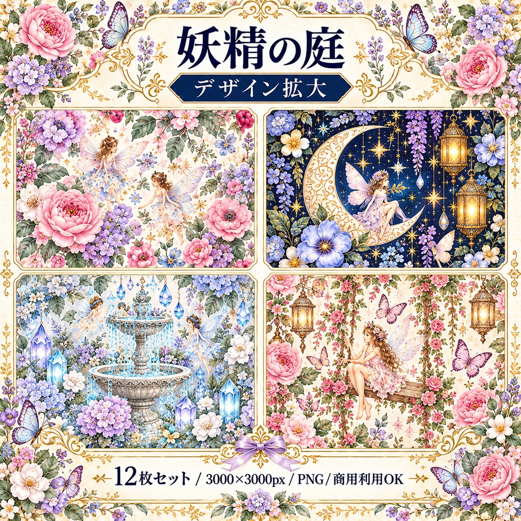 妖精の庭|幻想フラワー デジタルペーパー12枚セット