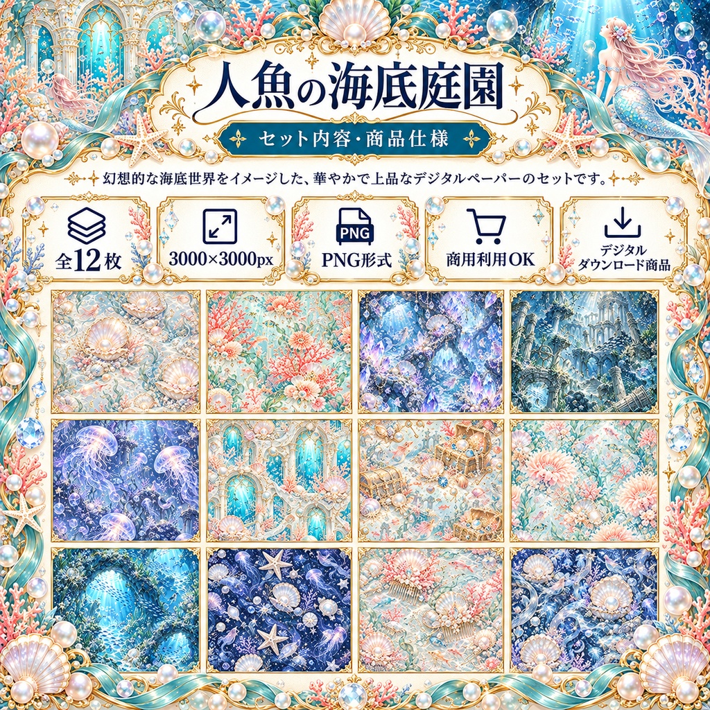 人魚の海底庭園|幻想マーメイド デジタルペーパー12枚セット