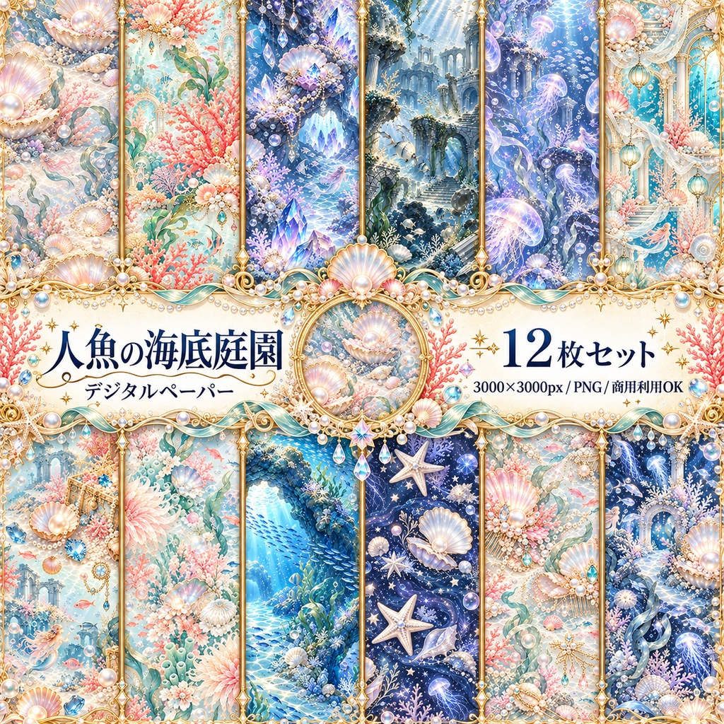 人魚の海底庭園｜幻想マーメイド デジタルペーパー12枚セット