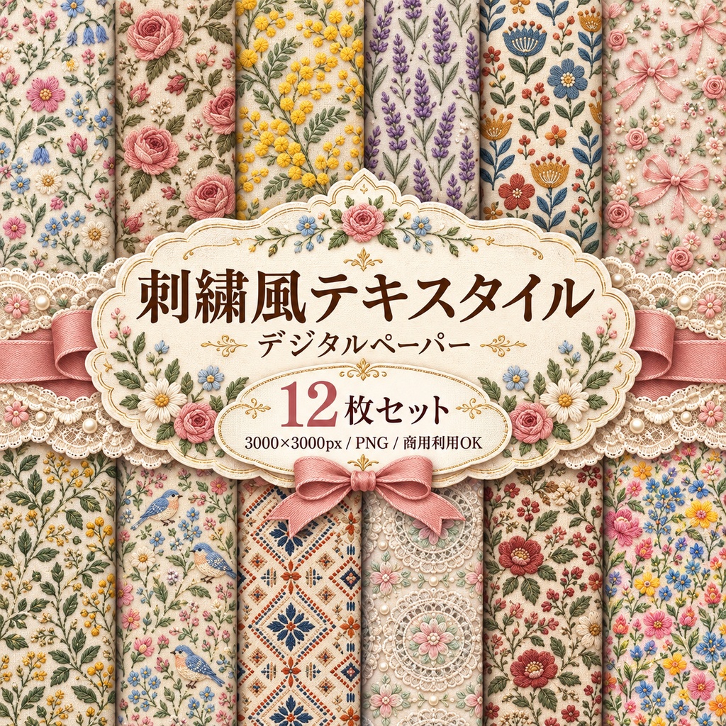 刺繍風テキスタイル|やさしい花と布模様 デジタルペーパー12枚セット