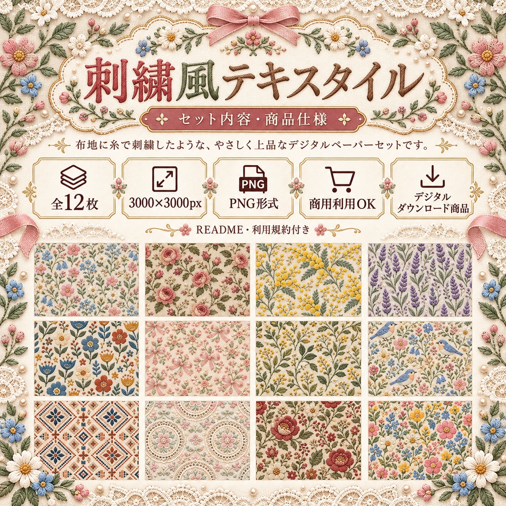 刺繍風テキスタイル|やさしい花と布模様 デジタルペーパー12枚セット