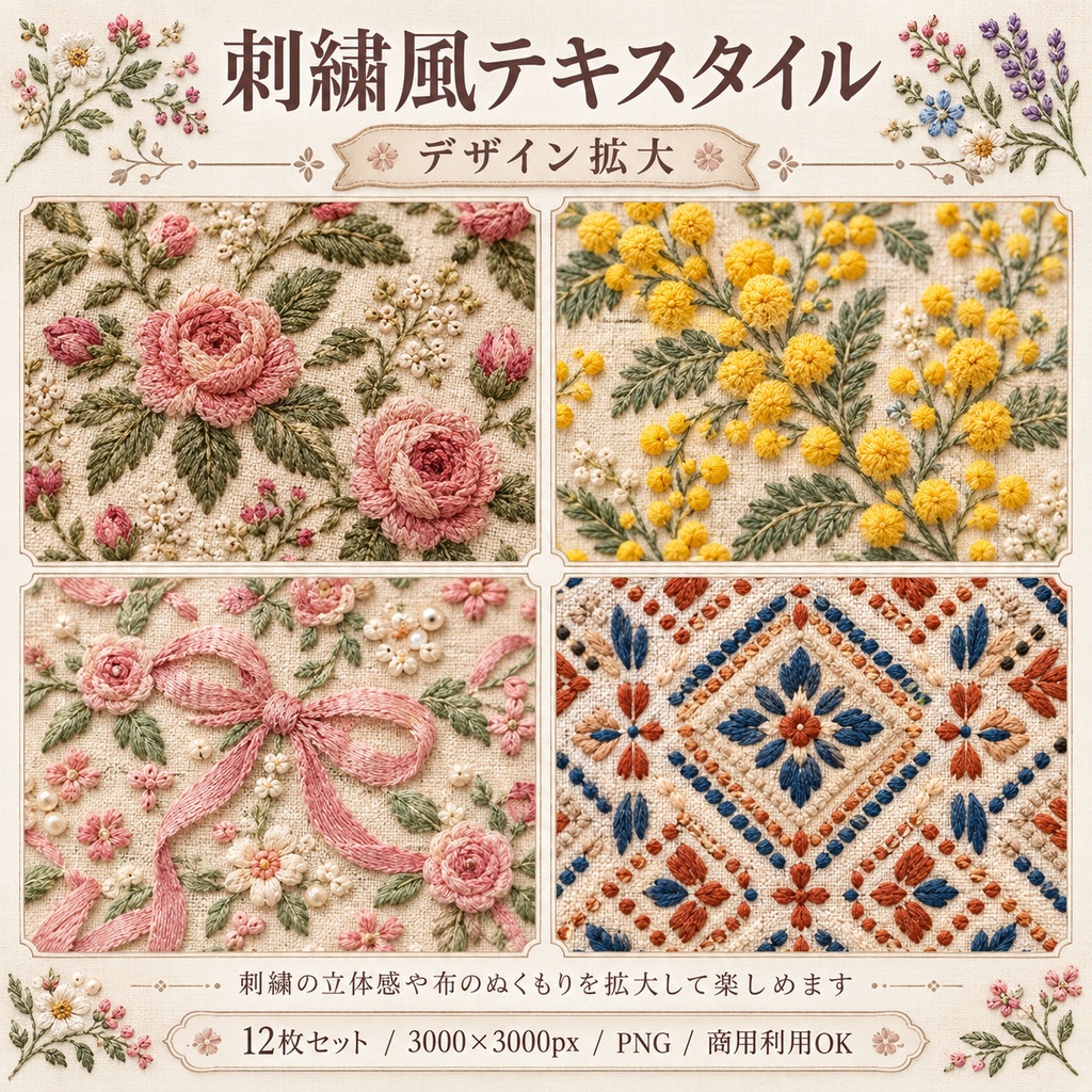 刺繍風テキスタイル|やさしい花と布模様 デジタルペーパー12枚セット