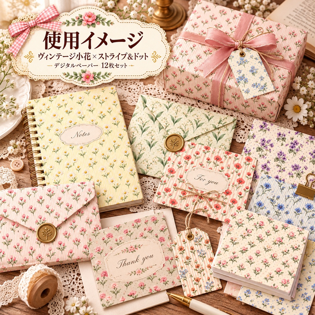 ヴィンテージ小花×ストライプ&ドット|デジタルペーパー12枚セット