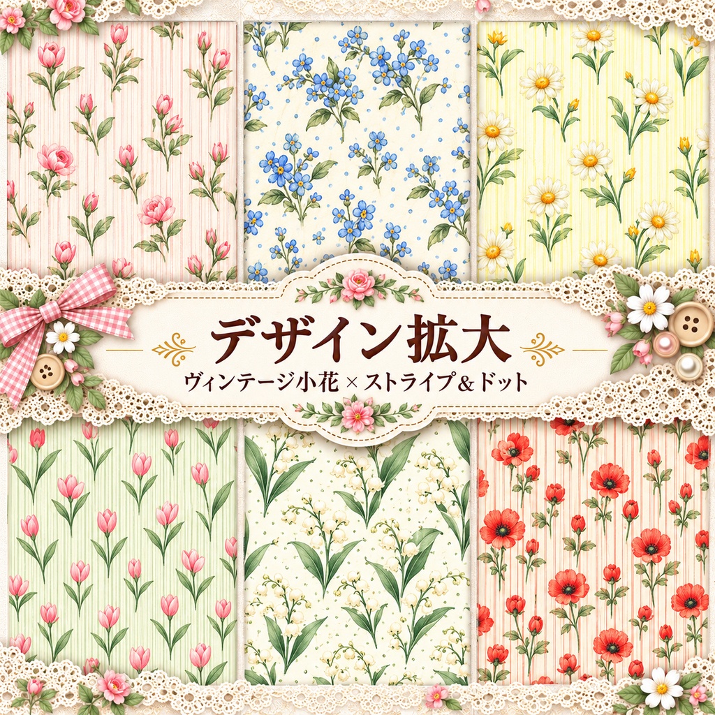ヴィンテージ小花×ストライプ&ドット|デジタルペーパー12枚セット