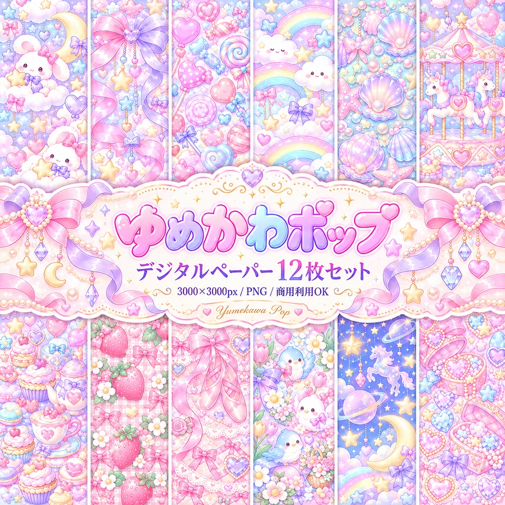 ゆめかわポップ|ぷっくりパステルのデジタルペーパー12枚セット