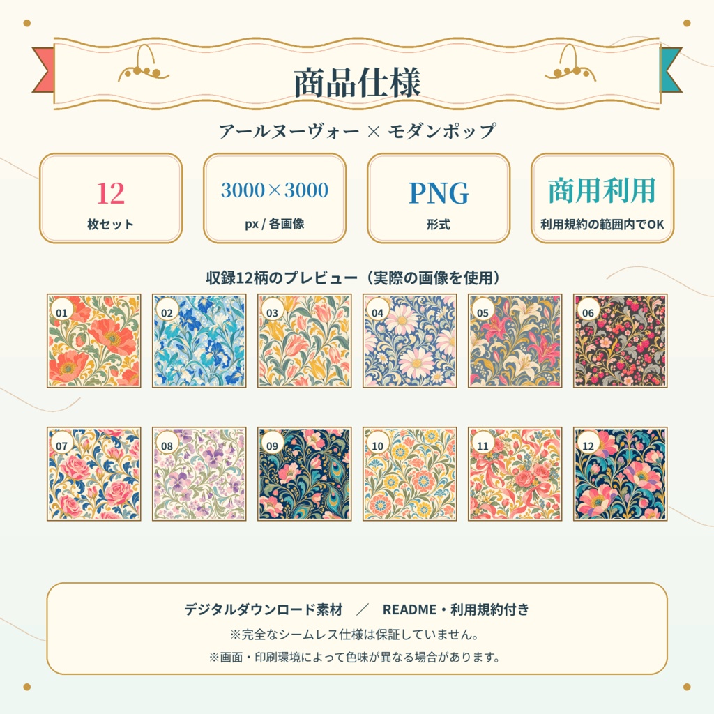 アールヌーヴォー × モダンポップ|華やかな花柄デジタルペーパー12枚セット