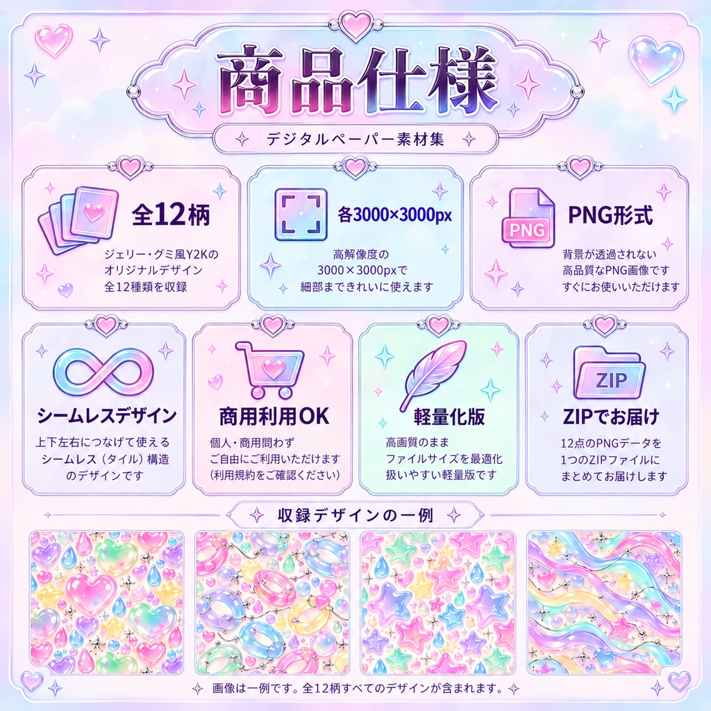 ジェリー・グミ風Y2K|ぷるぷる夢色デジタルペーパー12柄セット