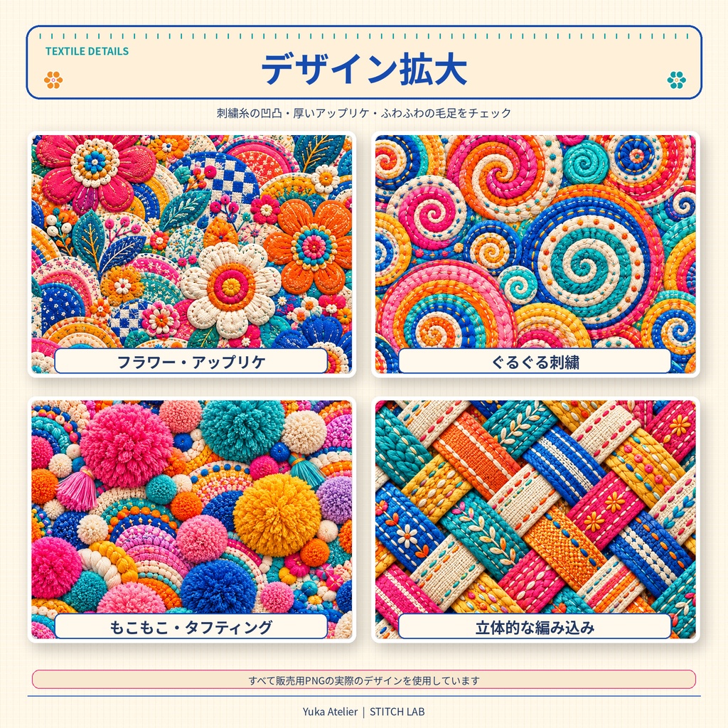 ステッチ・ラボ × カラフルテキスタイル|立体刺繍風デジタルペーパー12柄