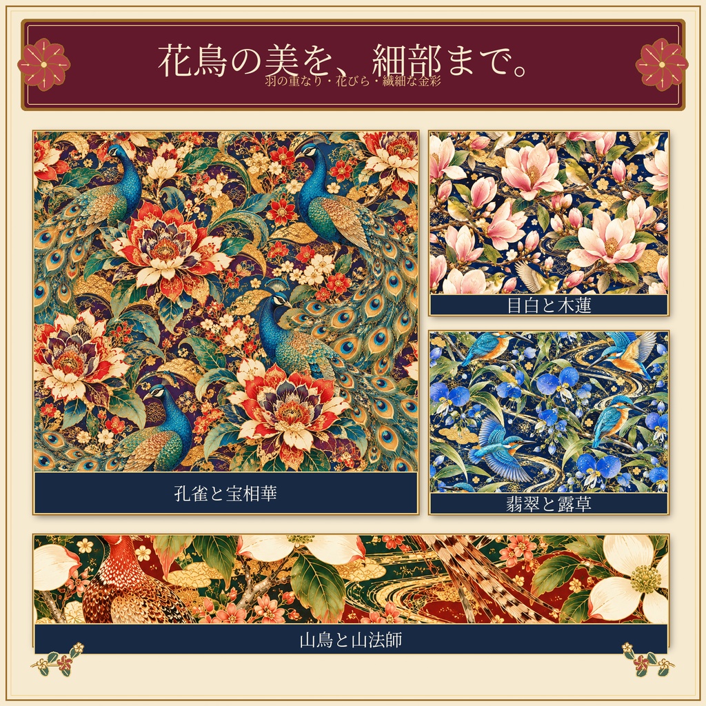 豪華友禅×金彩花鳥文様|鳥と四季花のデジタルペーパー12柄