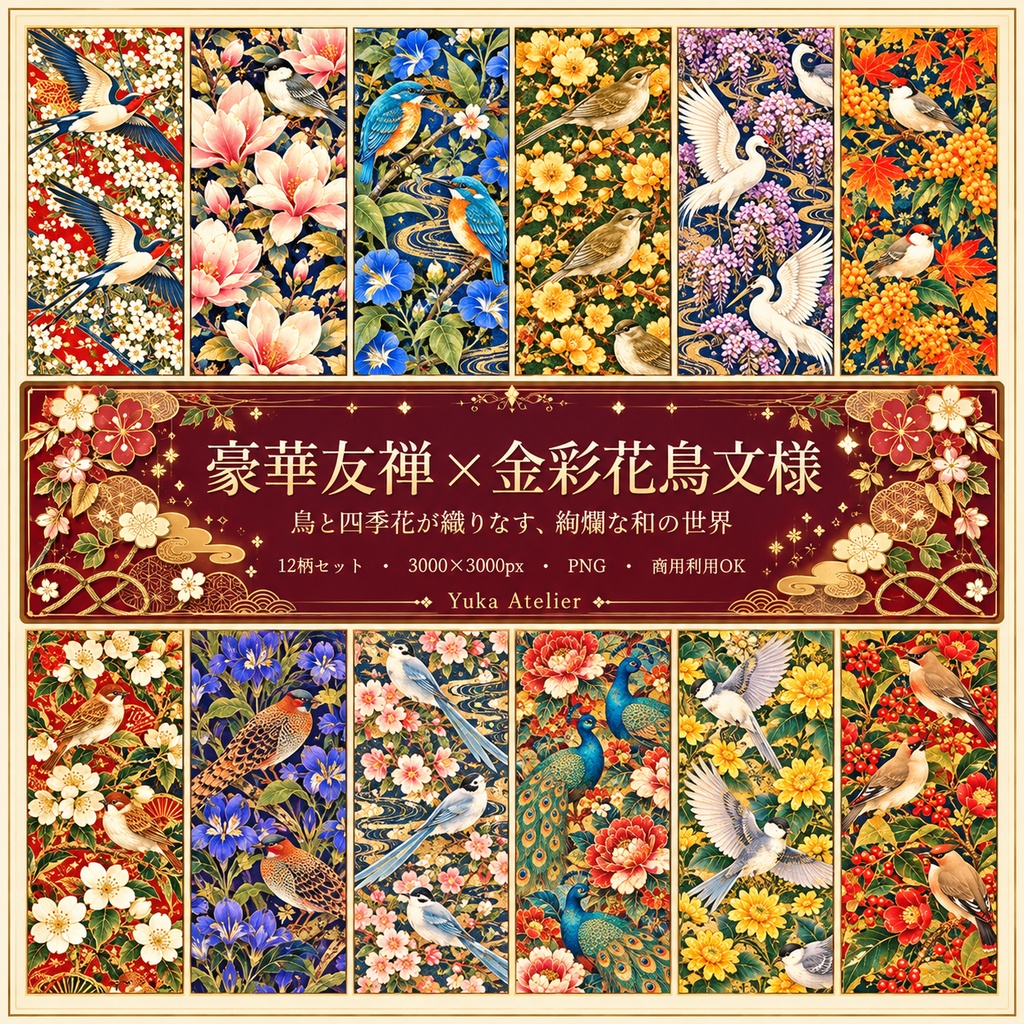 豪華友禅×金彩花鳥文様|鳥と四季花のデジタルペーパー12柄