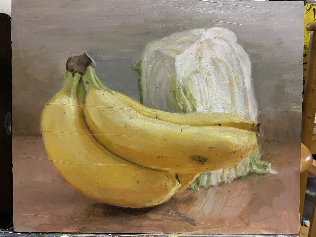 油絵 バナナと白菜