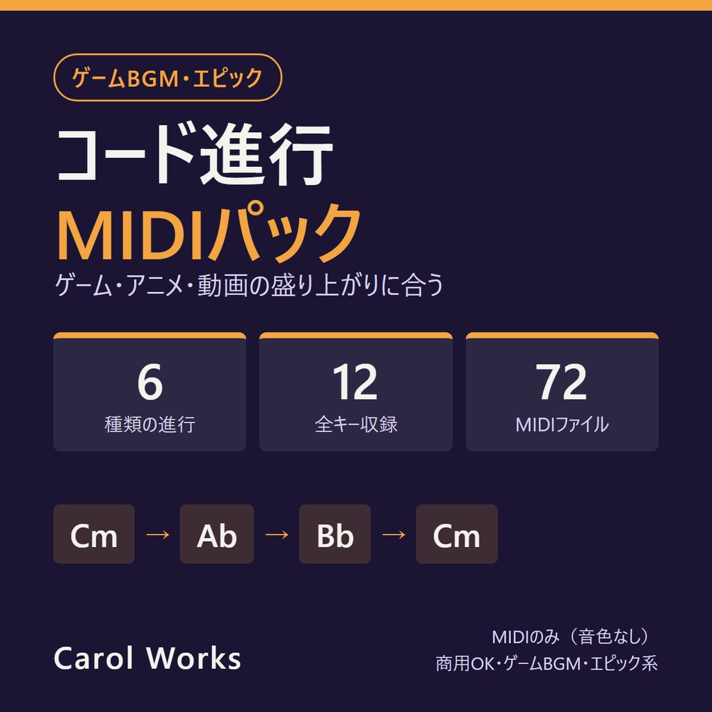 【ゲームBGM・エピック系】コード進行MIDIパック｜6進行×全12キー72ファイル・商用OK
