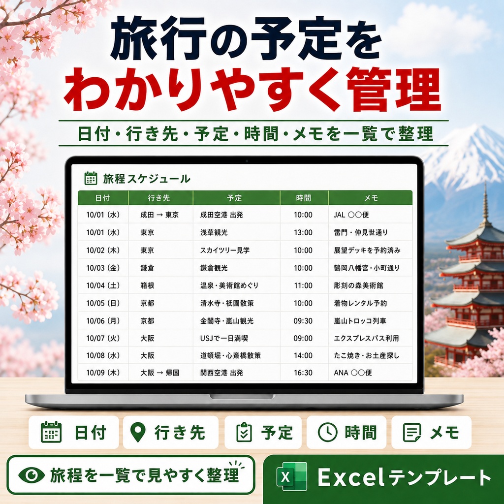 Japan Trip Master Planner|日本旅行をまとめて管理できるExcelテンプレート