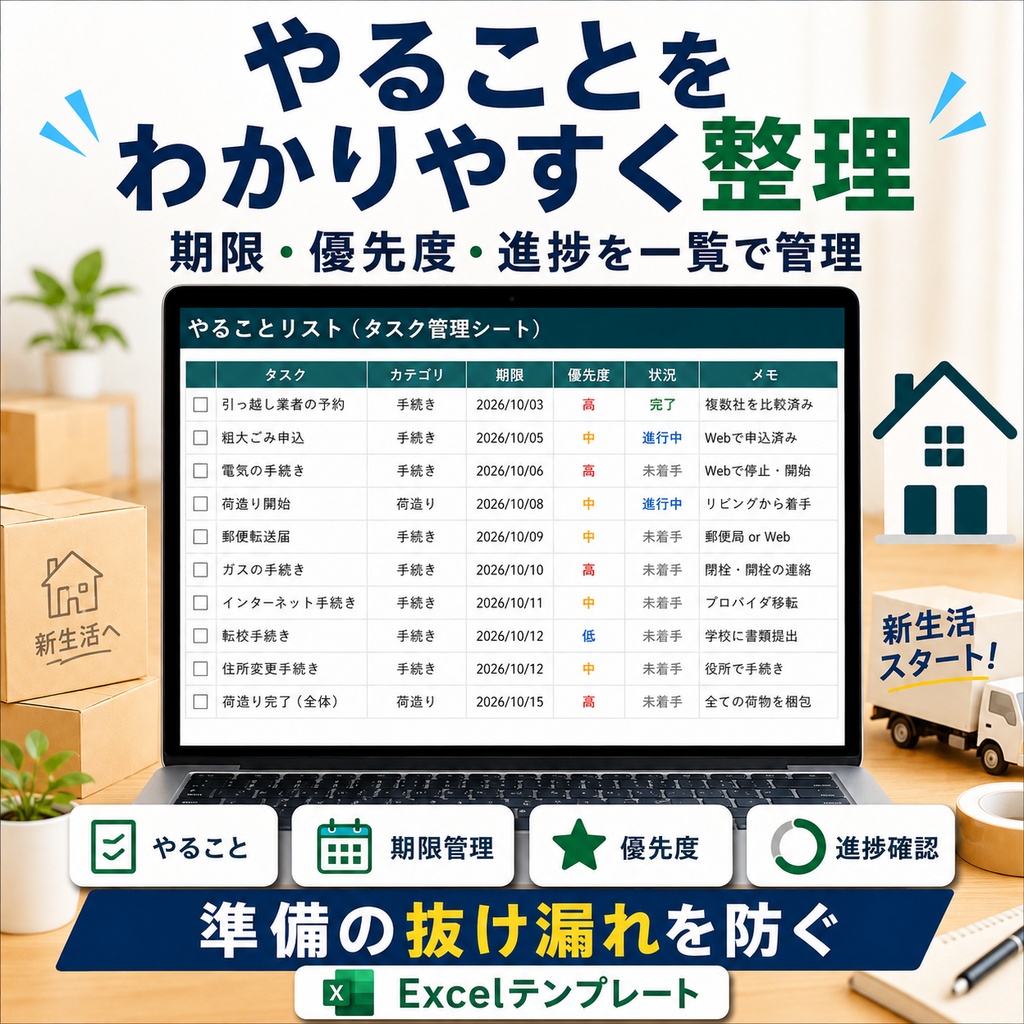引っ越し完全管理Excel|やること・予算・荷造り・住所変更をまとめて管理
