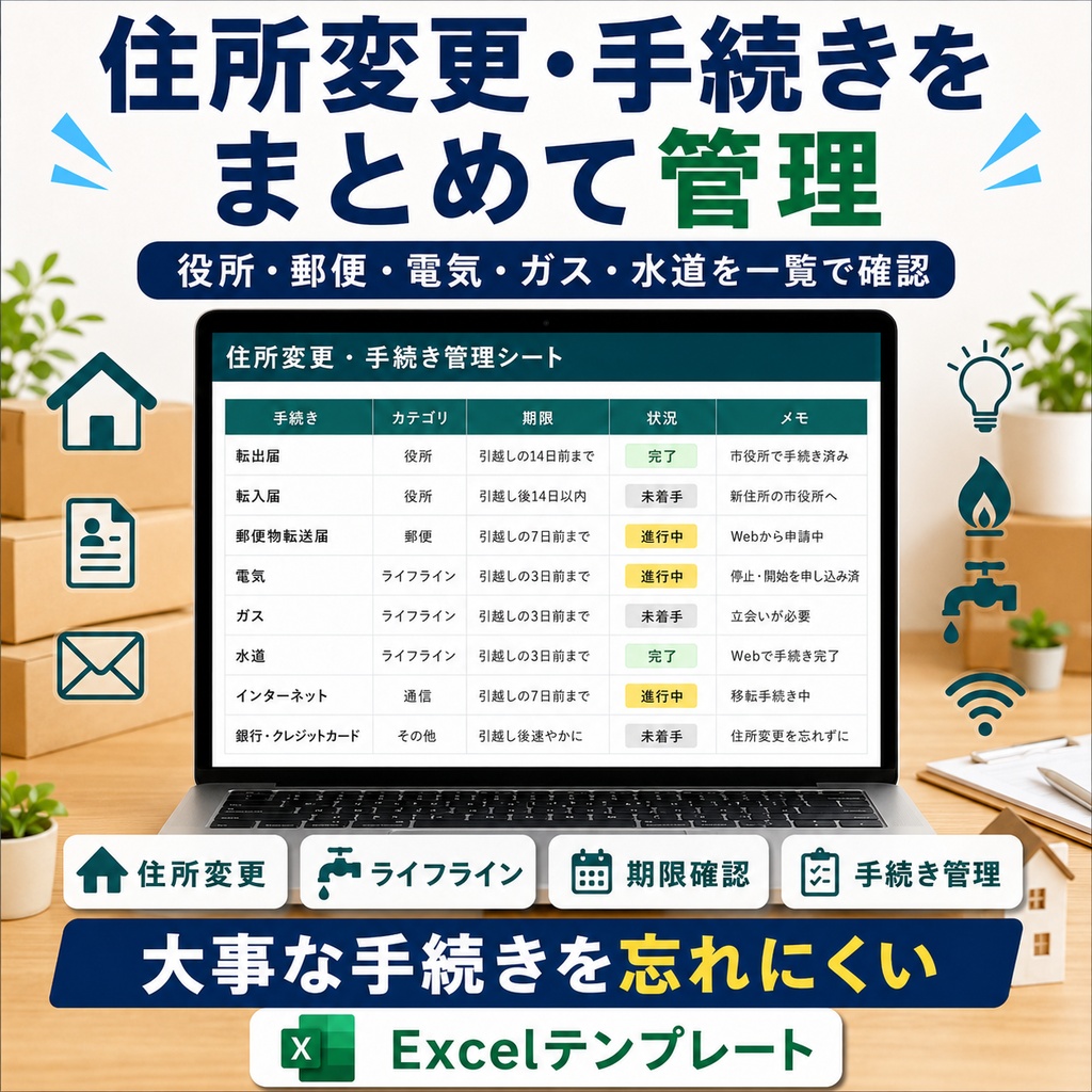 引っ越し完全管理Excel|やること・予算・荷造り・住所変更をまとめて管理