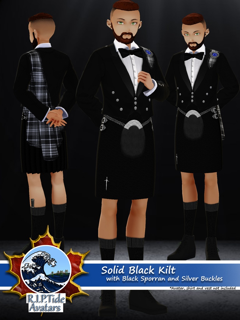 Vroid 'Solid Black and White Modern Kilt' .PNG