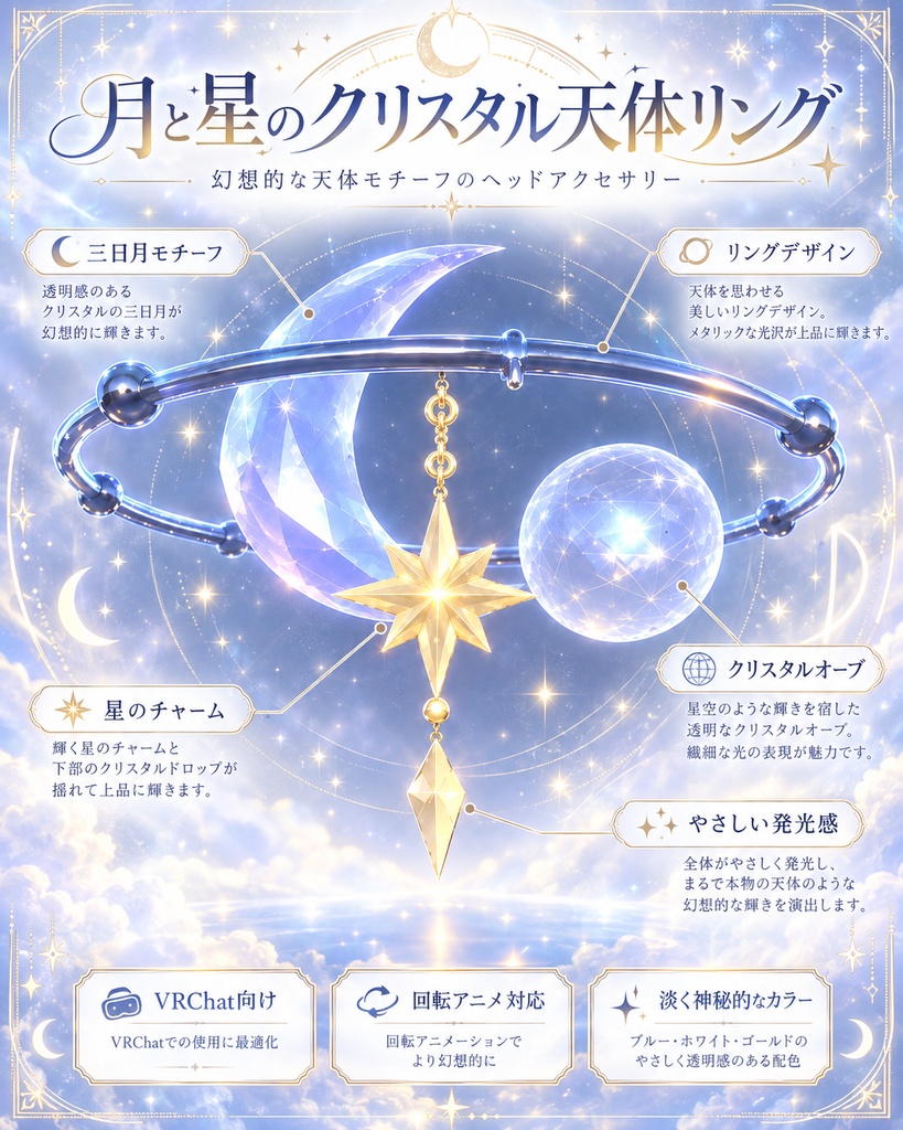 Lunar Mini Halo|VRChat向け 月と星の回転ヘッドアクセサリー【HALO】