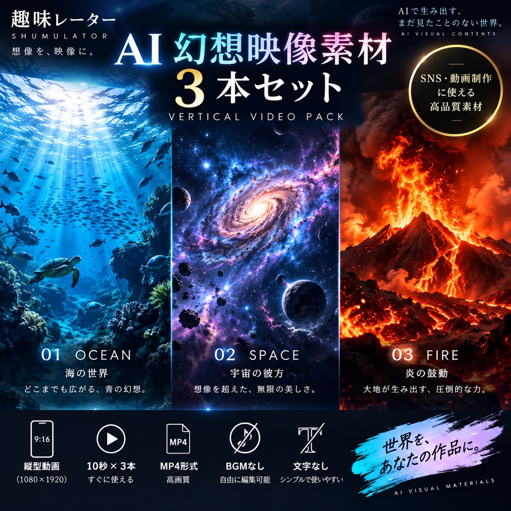 AI幻想映像素材 3本セット｜海・宇宙・炎｜縦型9:16・10秒
