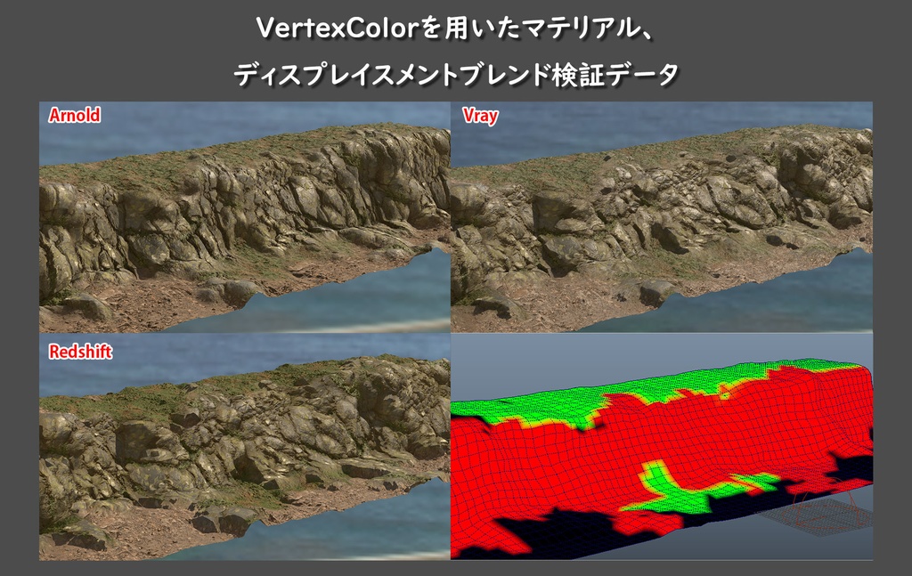 VertexColorを用いたマテリアル、ディスプレイスメントマップのブレンド検証データ
