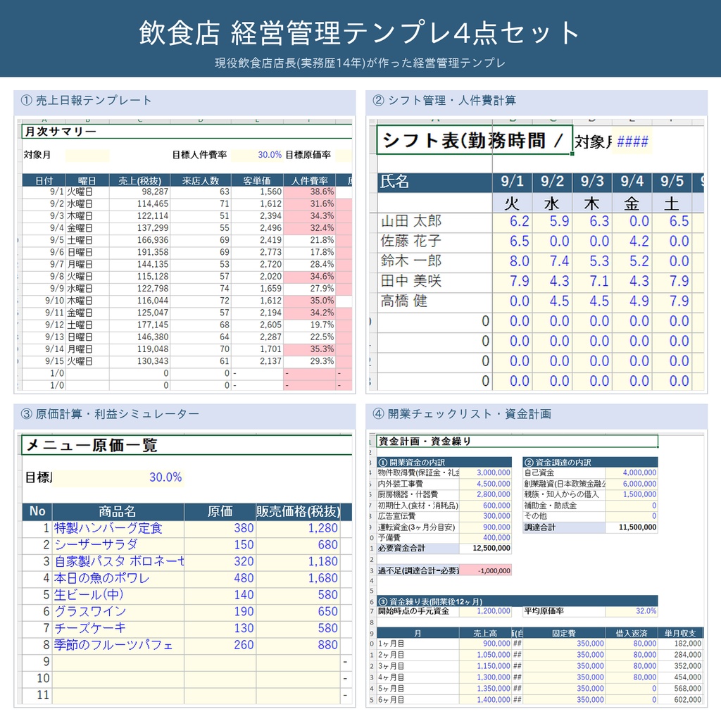飲食店 経営管理テンプレ4点セット