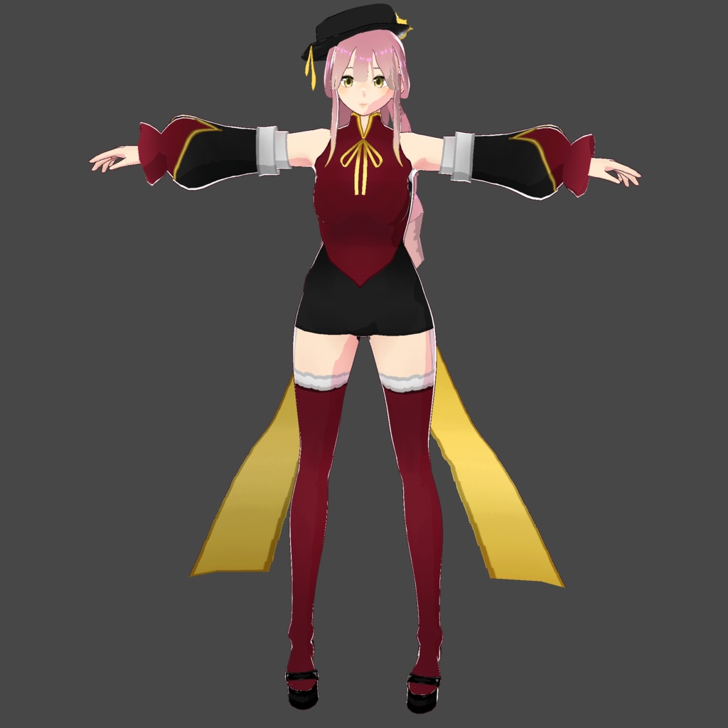 red and black outfit + thighs + shoes + hat