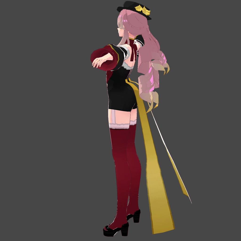 red and black outfit + thighs + shoes + hat