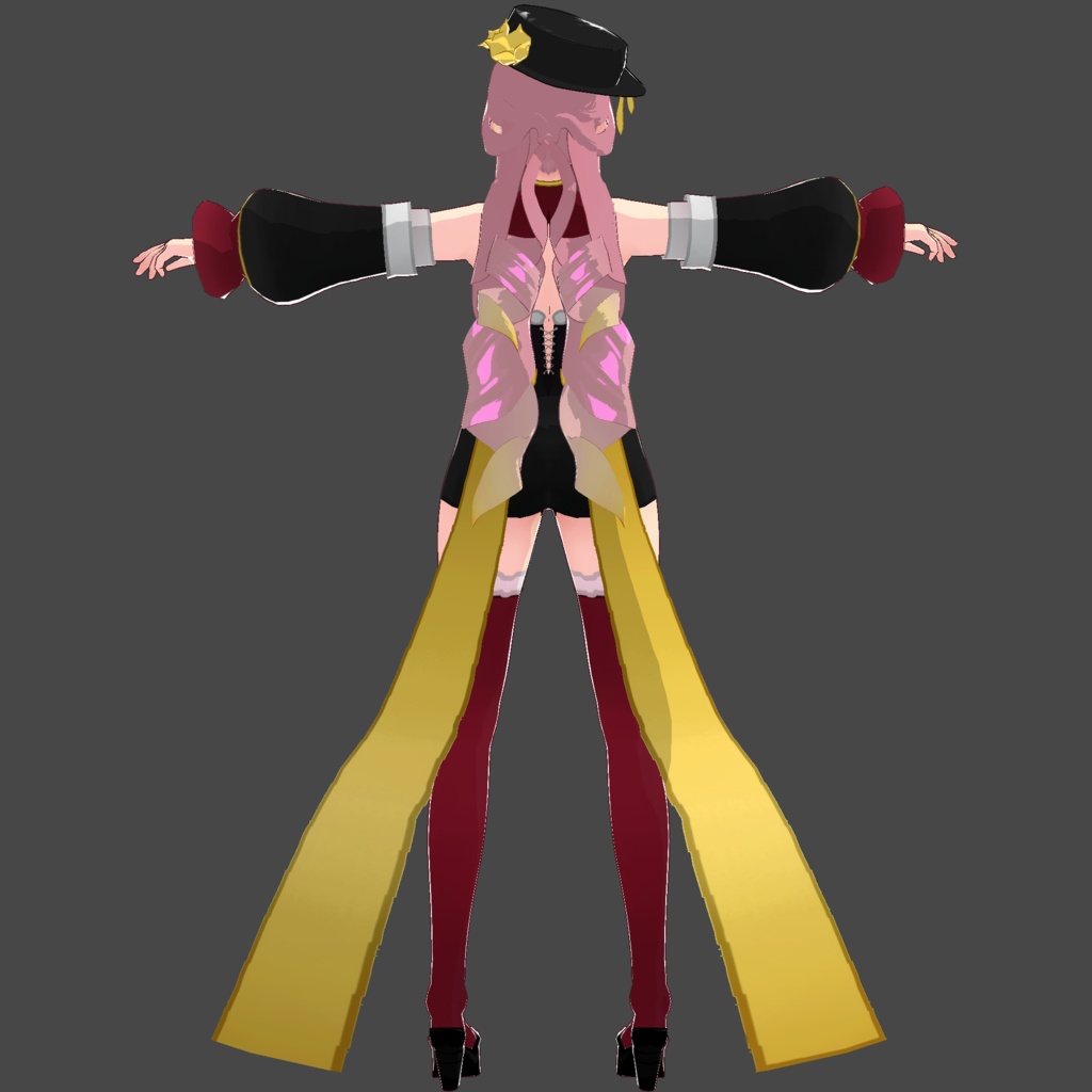 red and black outfit + thighs + shoes + hat