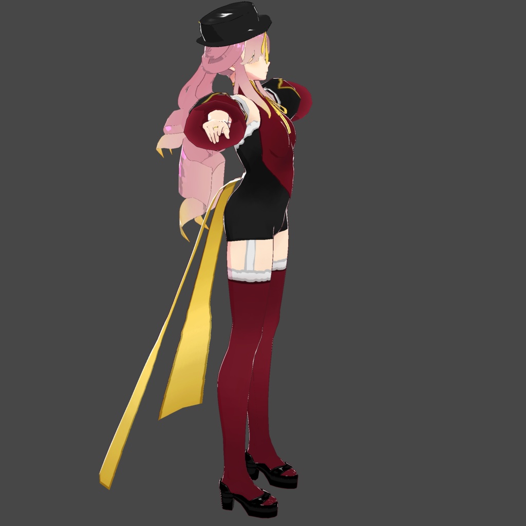 red and black outfit + thighs + shoes + hat