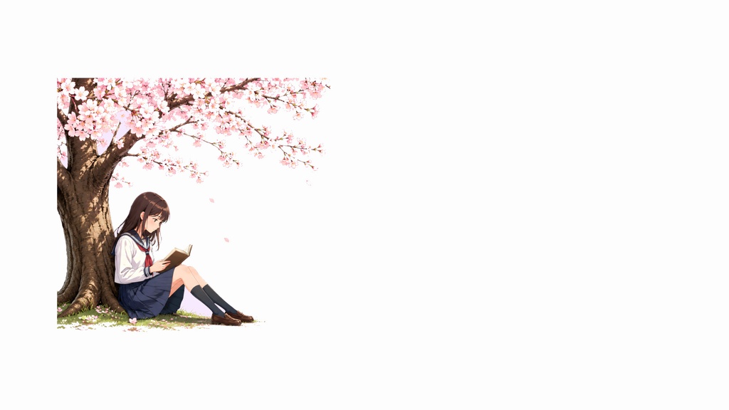 和風背景素材|桜の木の下で読書をする少女セット(6点・6000px・商用利用可)