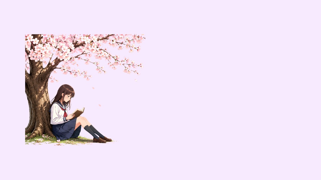 和風背景素材|桜の木の下で読書をする少女セット(6点・6000px・商用利用可)