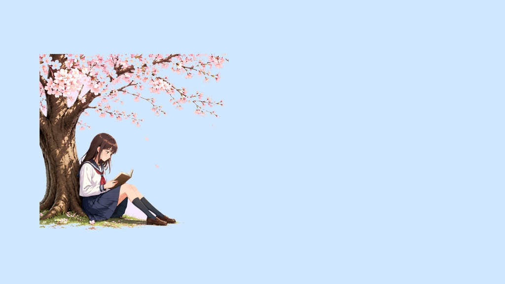 和風背景素材|桜の木の下で読書をする少女セット(6点・6000px・商用利用可)