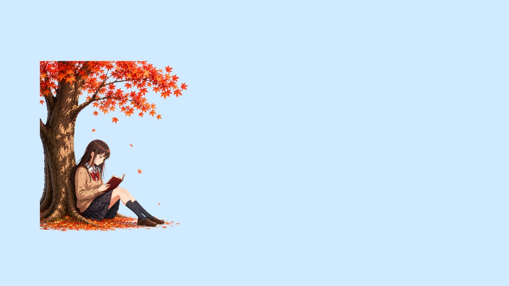 和風背景素材｜紅葉の木の下で読書をする少女・６色セット（6点・6000px・商用利用可）