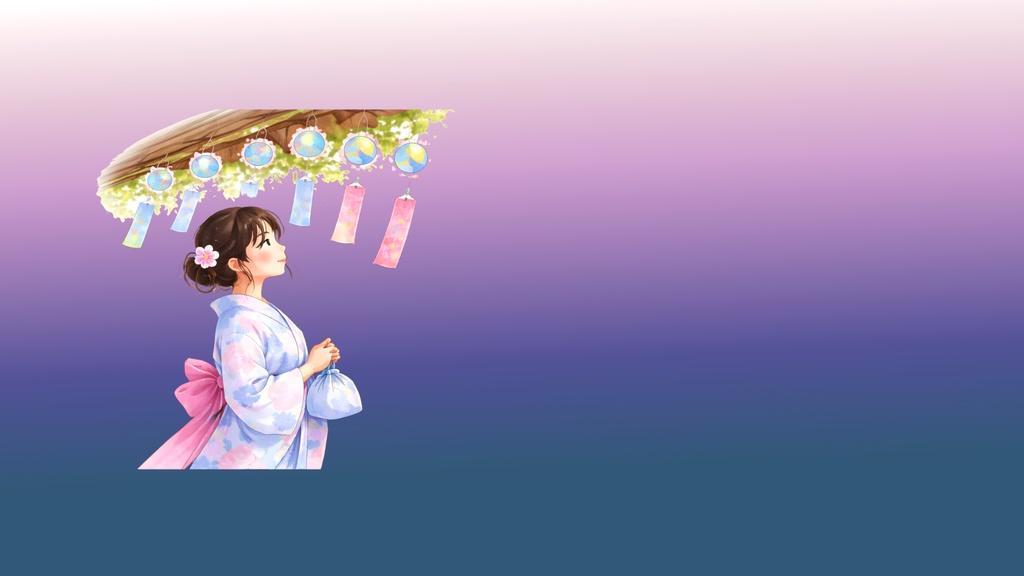 和風背景素材|縁側の風鈴と浴衣の少女01(7点・6000px・軽量版・商用利用可)
